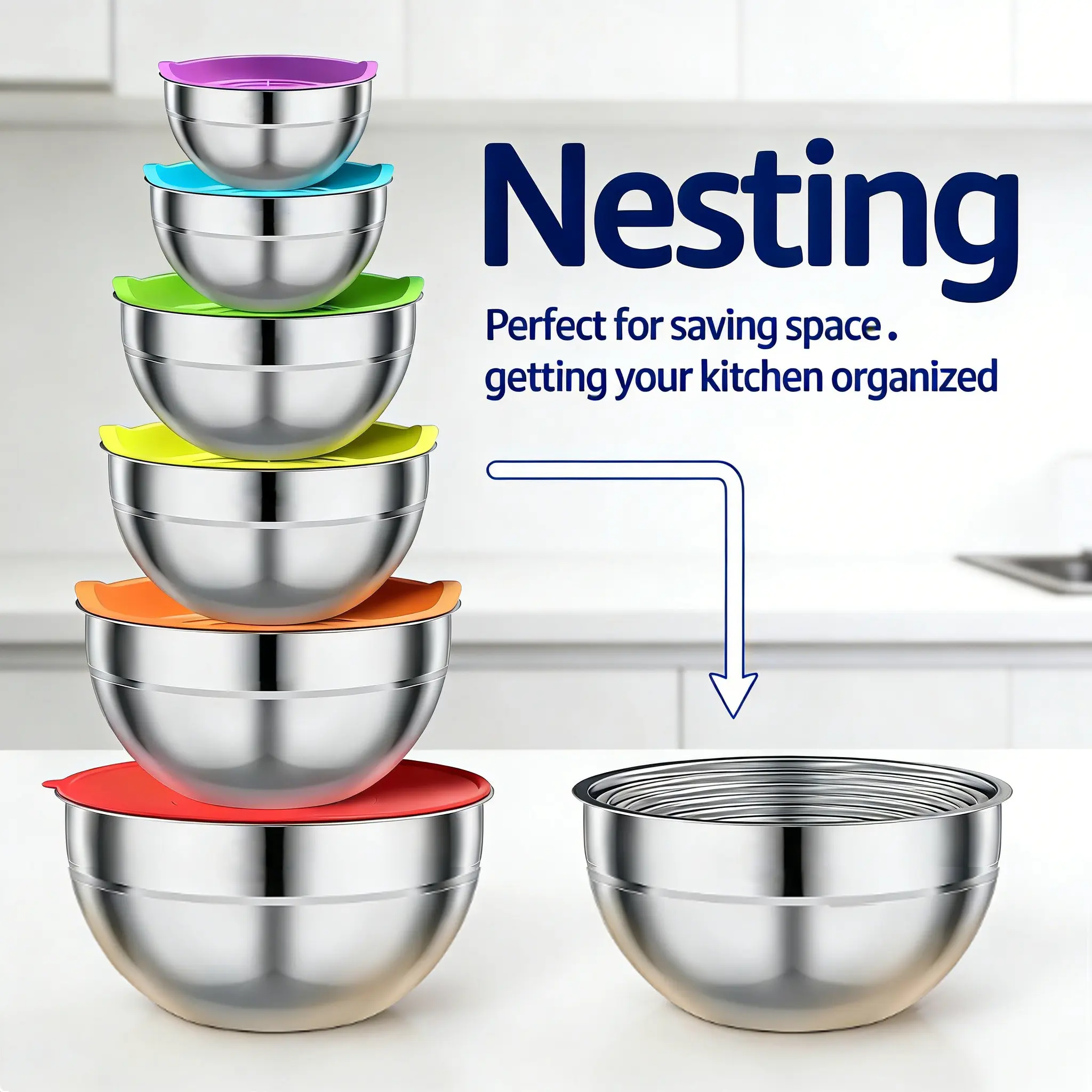 9pcs Stainless Steel Colorful Mixing Bowls Set with Airtight Lids for Kitchen Tableware Nesting Salad Berry Washing Bowls Set with 3 Greater Attachement, Size 4.5, 3.5, 2.1, 1.5, 1.1, 0.7 QT