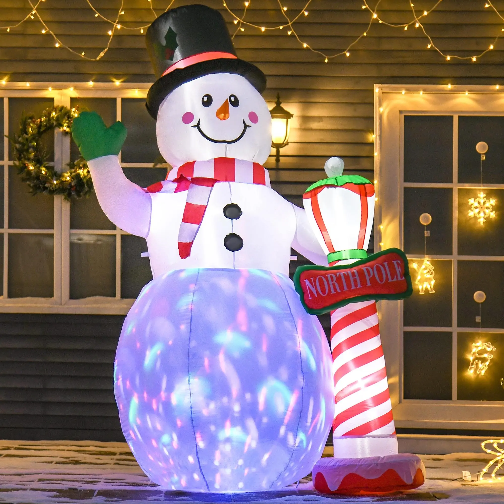 HOMCOM Life-Size Christmas Inflatable Outdoor Decor - Snowman with North Pole Sign, Blow-Up Yard Piece with Rotating LED Lights for Festive Home Ambiance, Life-Size Christmas Decor