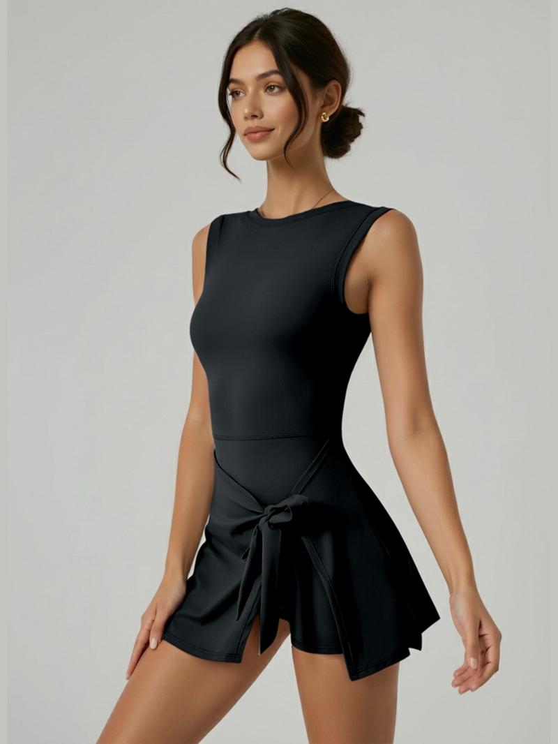 Women's Long Sleeve Solid Color Tennis Dress with Side Slit & Built-in Shorts for Yoga Golf & Athletic Activities Sportswear High Stretch Nylon Womenswear