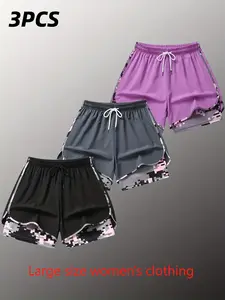 Plus Size - 3pcs Women'S Shorts, Double-layer Fake Two Piece Camouflage Pattern, Breathable Quick Drying Pants, Shorts With Adjustable Drawstring Waist Lightweight Fitness, Side Design, Non See Through Casual Wear 2 pants body rubyana fall bow legged walk