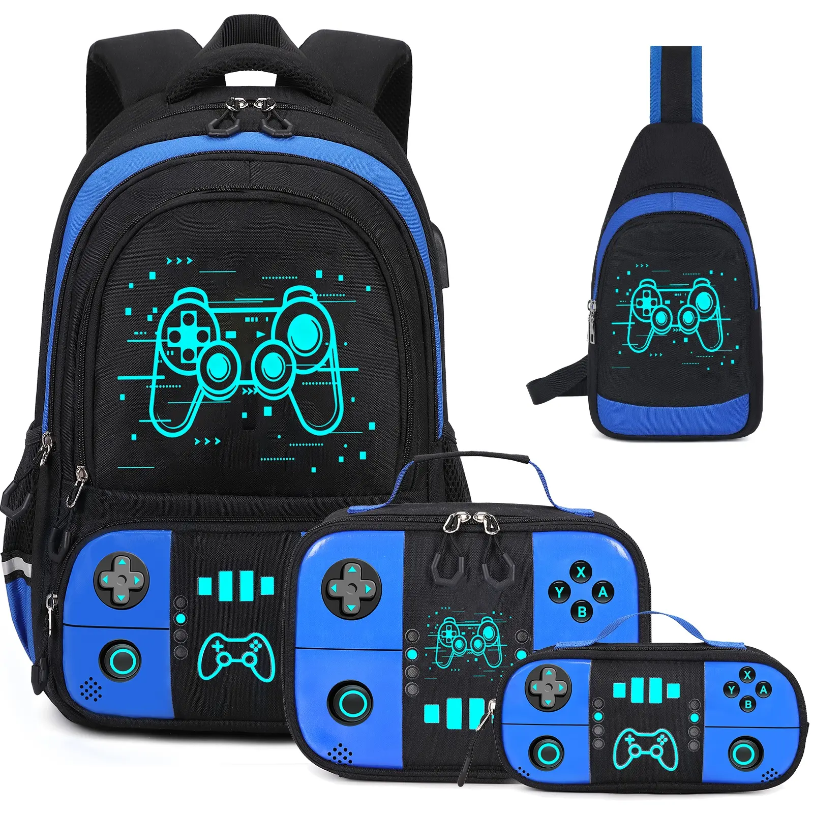 SIMILOVE Boys' Luminous Gamer Backpack Set - Insulated Lunch Bag, Sling Bag, Pencil Case with USB Port, Water Bottle Compatibility, Safety Assurance for Biking, Elementary-Middle School Party Gift (Blue)