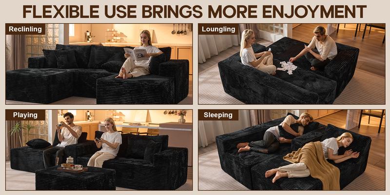 Modern 108" Boneless Couch Cloud Modular Sectional Sofa With Removable Ottomans & Chaise - Plush Corduroy , Deep Seat, Upholstered Couches, No Assembly Required for Living Room