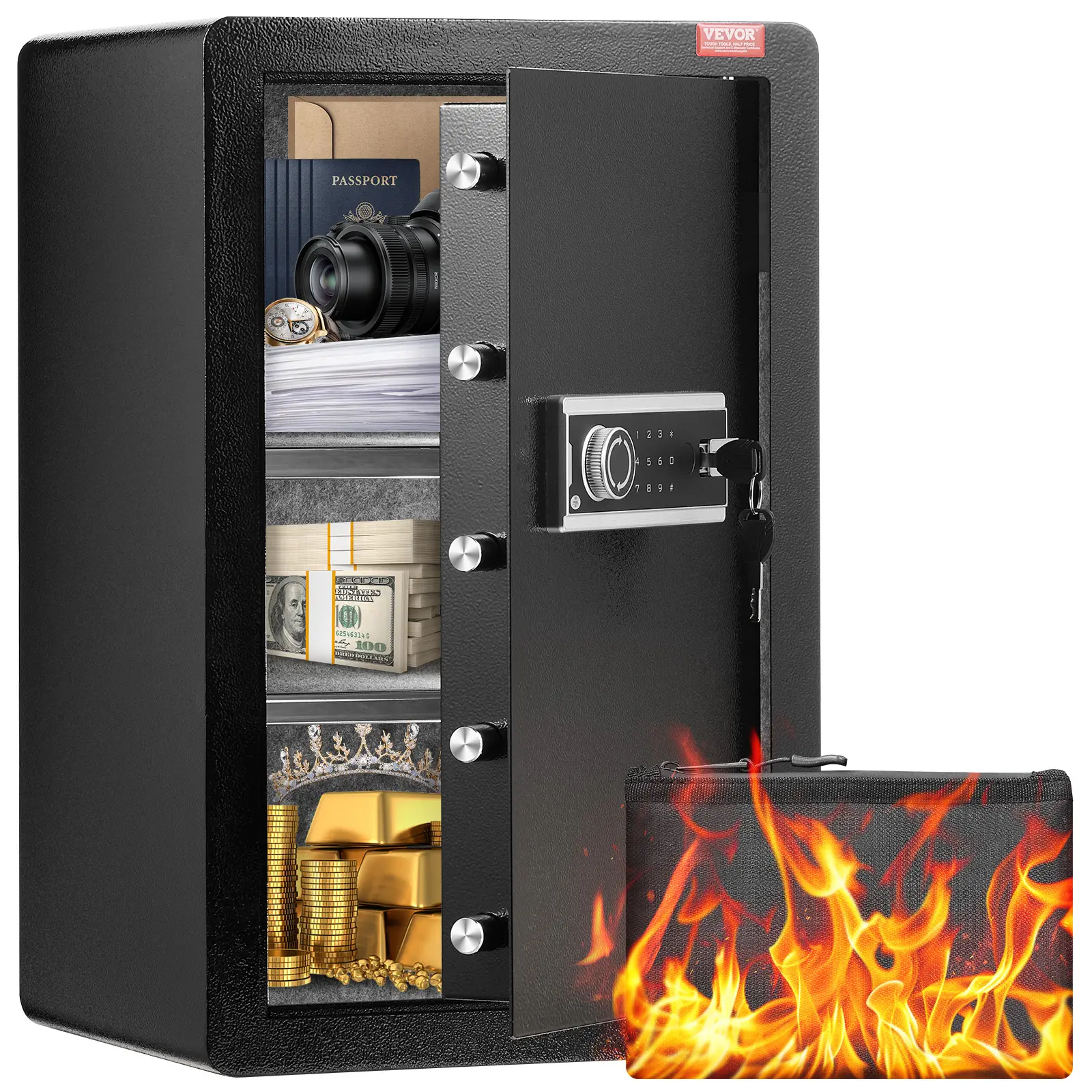 【Summerfinds】VEVOR 3.5 cu.ft Anti Theft Safes - Office Electronic Safe with Key Lock, Single Door, Alloy Steel, 5 Solid Door Bolts, Anti-Movement Structure, Fireproof Bag, Key Rack, LED Lights, 2 Shelves, Wall Mount (Black), Safe Storage