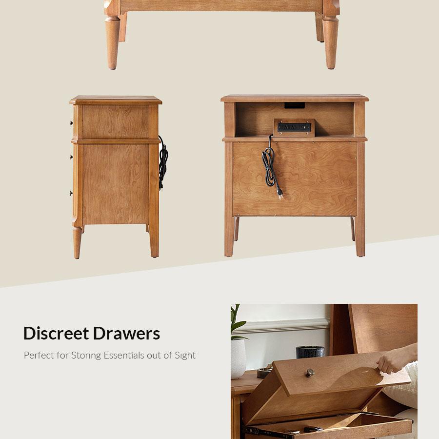 HULALA HOME Griselda Transitional 3-Drawer End Table with Hidden Compartment, Pull-Out Tray & Power Outlet  Solid Wood,Table