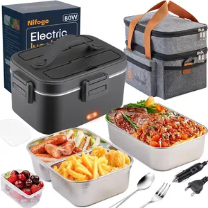 80W High Power Electric Lunch Box 1.8L 304 Food Grade Stainless Steel Digital Display Multi Voltage 12V24V110V Black Square Portable Sealed Leakproof Heated Bento Box for Car Truck Office School Picnic Camping