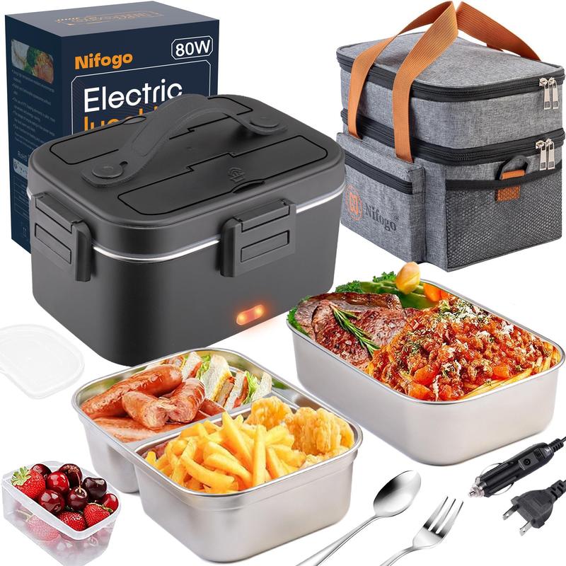 Black Square Digital Display Electric Lunch Box 80W High Power 1.8L Food Grade Stainless Steel Multi Voltage 12V24V110V Portable Sealed for Car Office Outdoor Picnic Camping