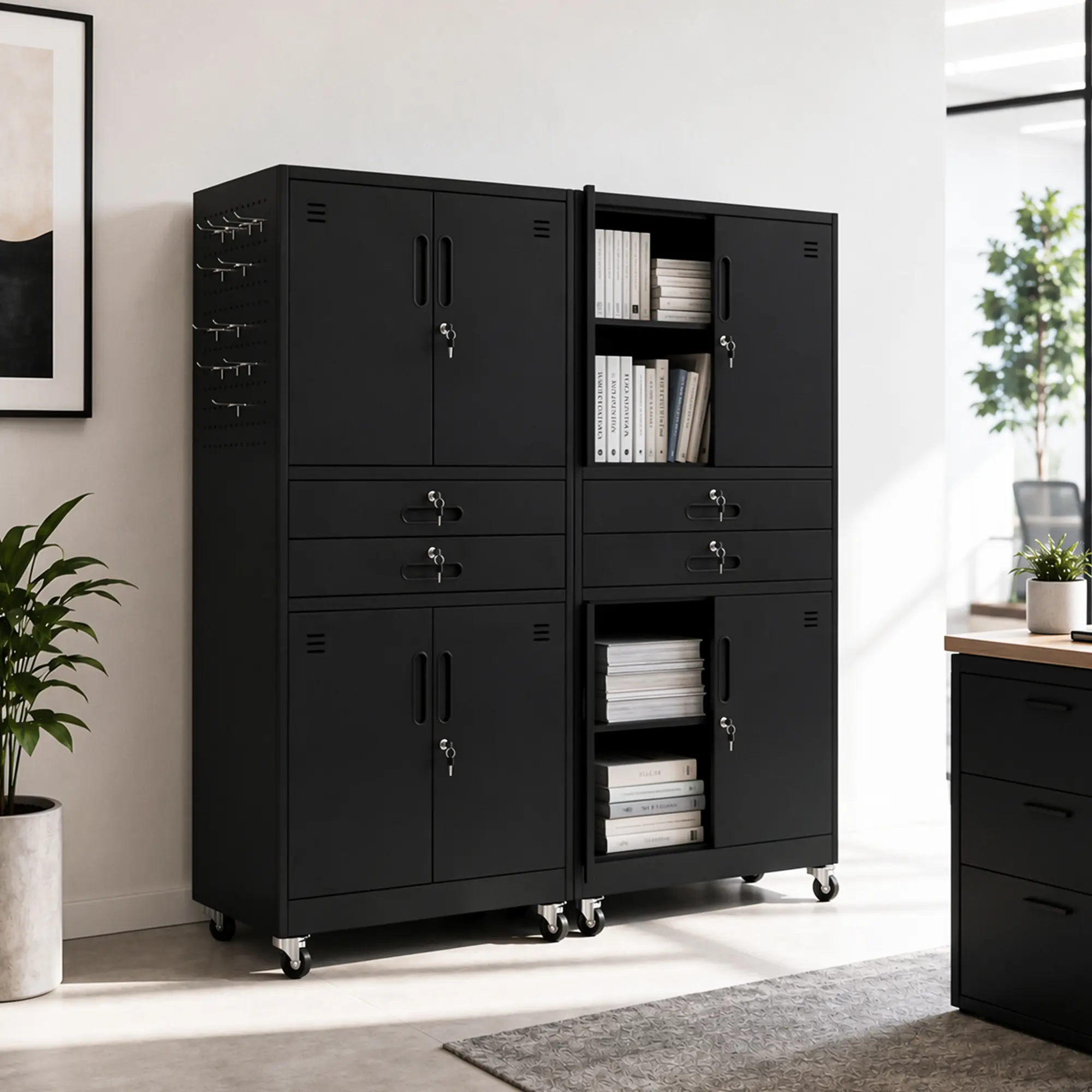 75" Tall Rolling Metal Locking Tool Cabinet - Single Unit Mobile Garage Storage Organizer with Mobile Wheels, 2 Lockable Drawers, Adjustable Shelves, Pegboard, 8 Hooks, Black