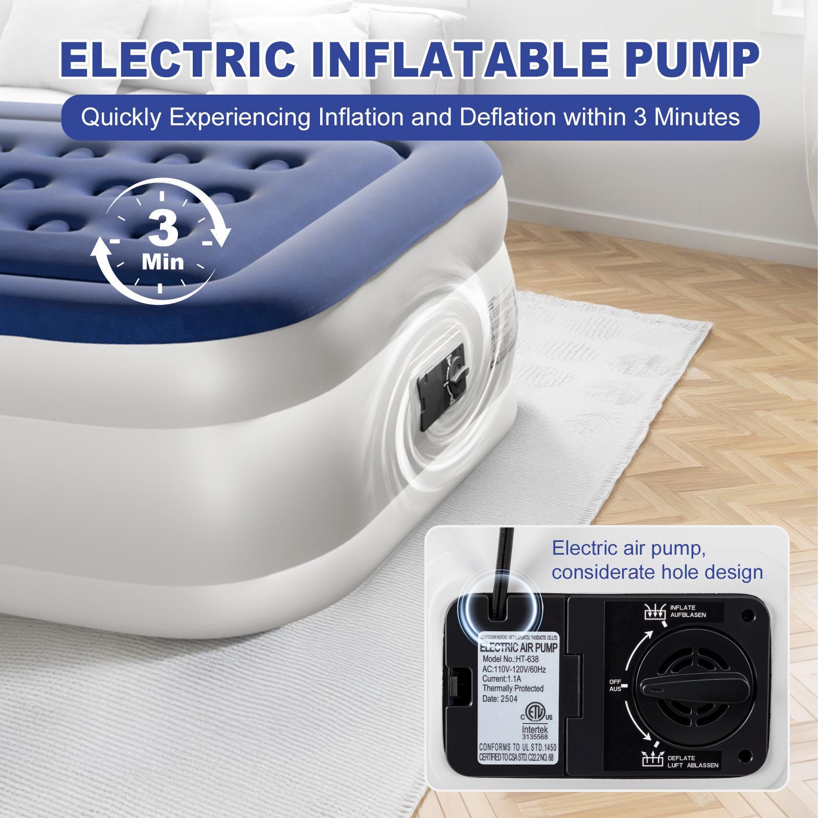 18 Inch Single Inflatable Mattress with Built-in Pump, Elevated Comfort Air Mattress, Dual Chamber Airbed, 2 Minute Fast Inflate/Deflate Air Mattress for Family Guest Camping, Blue&White