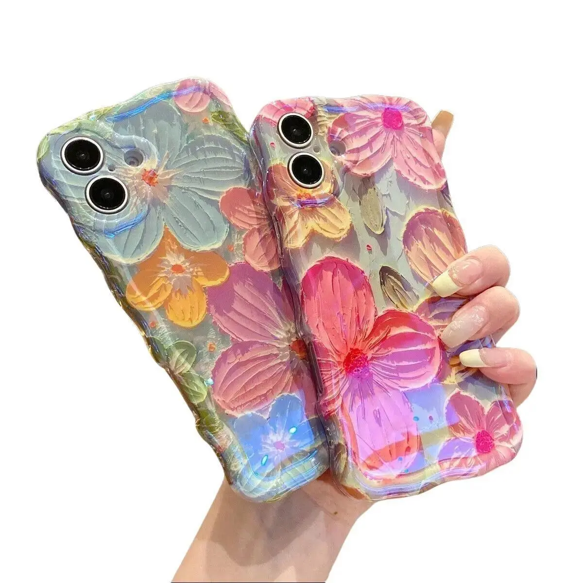 Retro Oil Painting Girly Cellphone Cover, Soft TPU Silicone Handheld Case for iPhone 13-17, Colorful Sparkly Flower Wave Design, Orange White Magnetic Ultra-Thin Shockproof Women's Accessory, Mother's Day Gift#SummerVibes tiktokshopbacktoschool, Floral, H