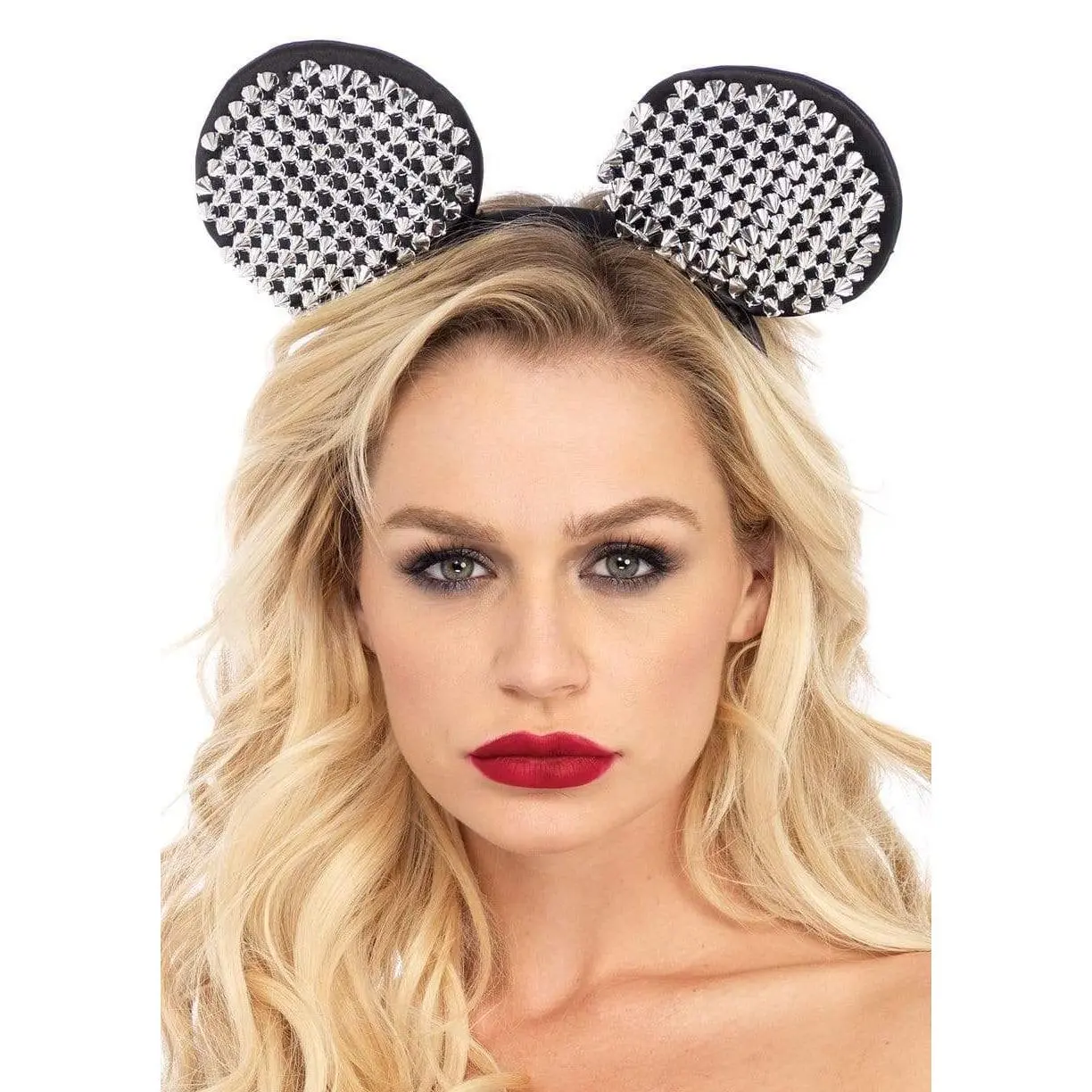 Women&Teens Satin Mouse Ears Costume Headband - Roundears, Edgy Metallic Studs, Flexible - for Cosplays, Festival Outfits