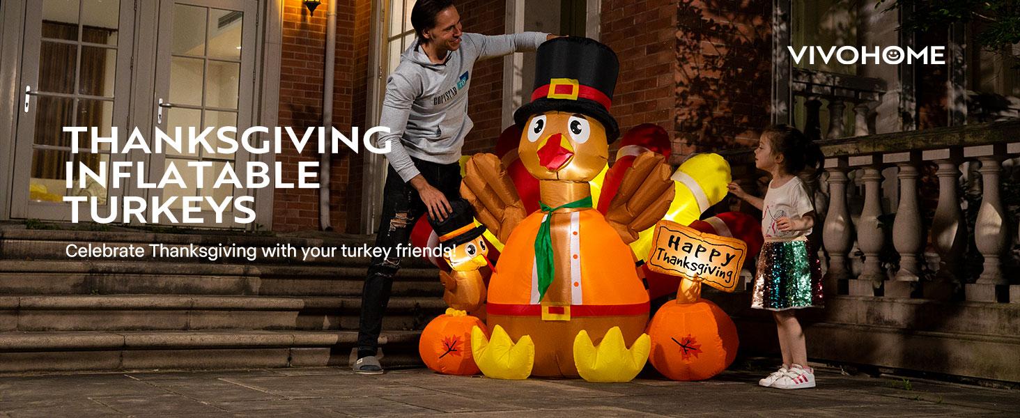 VIVOHOME Thanksgiving Inflatable Decoration LED Lighted Turkey Family Self-Inflating Easy Setup for Outdoor Lawn Garden Yard Patio Holiday Party Ornaments