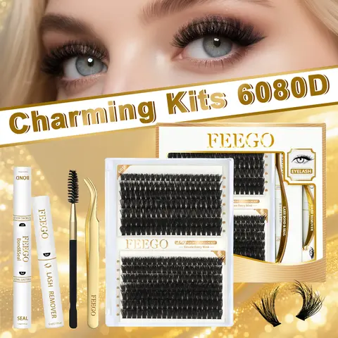 FEEGO False Eyelashes Set, 280Pcs 60D-80D 10-18mm Cosmetic Makeup Eyelashes Extensions Kit with DIY D Curl, Waterproof Bond Seal, Remover, Tweezers, Brushes