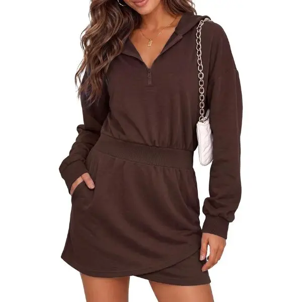 Fisoew Women's Casual Knit Oversized Quarter-Zip Hooded Sweatshirt Dress - Longsleeves, Ribbed, Slim-Fit, Elastic Cinched Waist, Wrap Cross Hem, Athletic Style, Side Pockets, Comfortable Zipper Design, Lightweight, Easy Matching