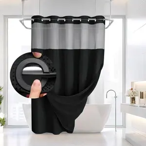 Black No Hook Shower Curtain with Snap in Liner -black Double Layer Shower Curtain -Fabric Waterproof Inner Liner, Black Cloth Shower Curtains Washable, 72 x75 Inch showercut, removable