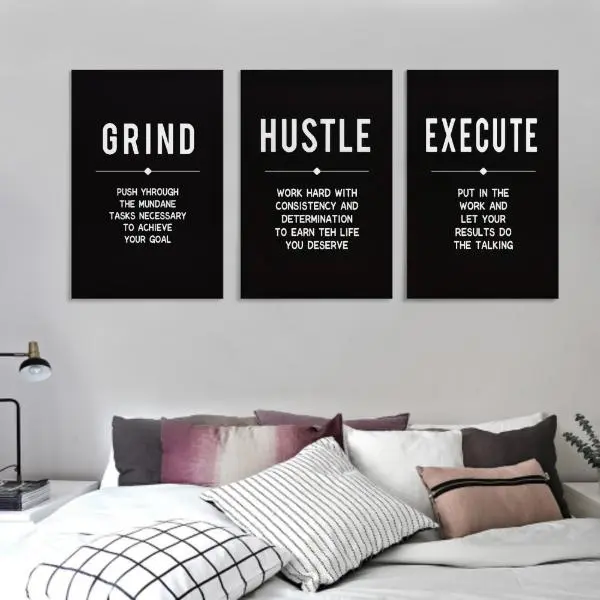3-Pc Artistic 'Grind Hustle Execute' Framed Wooden Wall Art - Motivational Entrepreneur Posters with Modern Success Quotes, Cool Designs, Ready-to-Gift Decoration Items for Office & Modern Room Decor