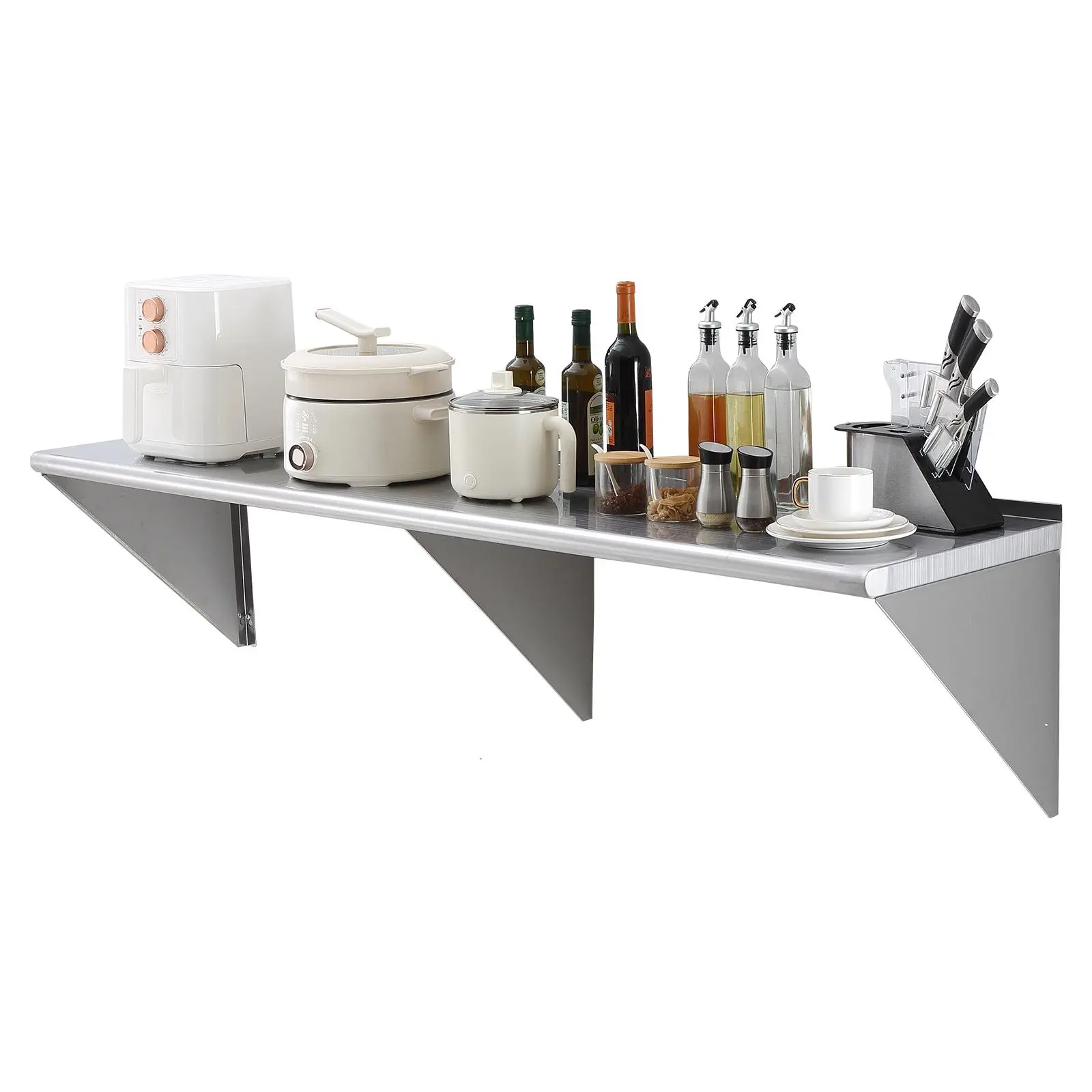 VEVOR Wall-Mount Stainless Steel Floating Shelf - 18in x 72in, 1-Layer with Brackets, 500 lbs (227kg) Heavy-Duty Round, Brushed Treatment, Corrosion Resistant, Kitchen Storage & Home Decor Organizer