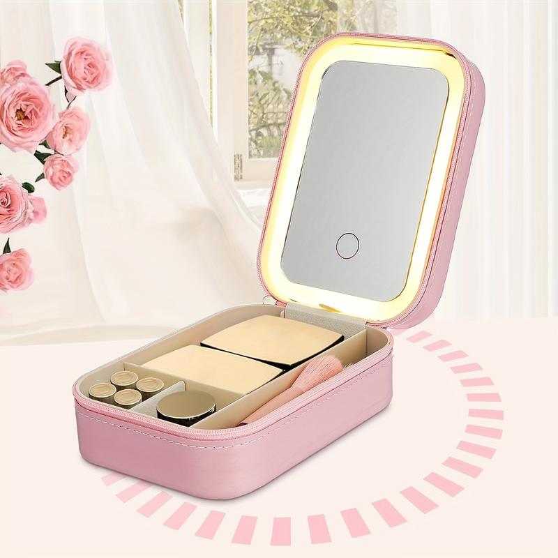 Makeup Bag with Mirror and Light Travel Makeup Train Case Cosmetic Bag, LED Makeup Mirror Case with 3 Adjustable Color Light Settings, Dust-Proof Jewelry Box, Mini Cosmetic Train Case