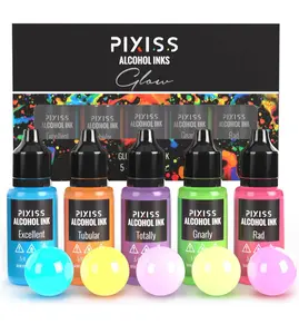 Pixiss Glow in The Dark Alcohol Ink Set - 5 Shades of Brilliantly Glowing Alcohol Ink for Epoxy Resin Supplies, Yupo Paper, Tumblers, Coasters - Resin Colorant for Epoxy Resin and Resin Art Supplies