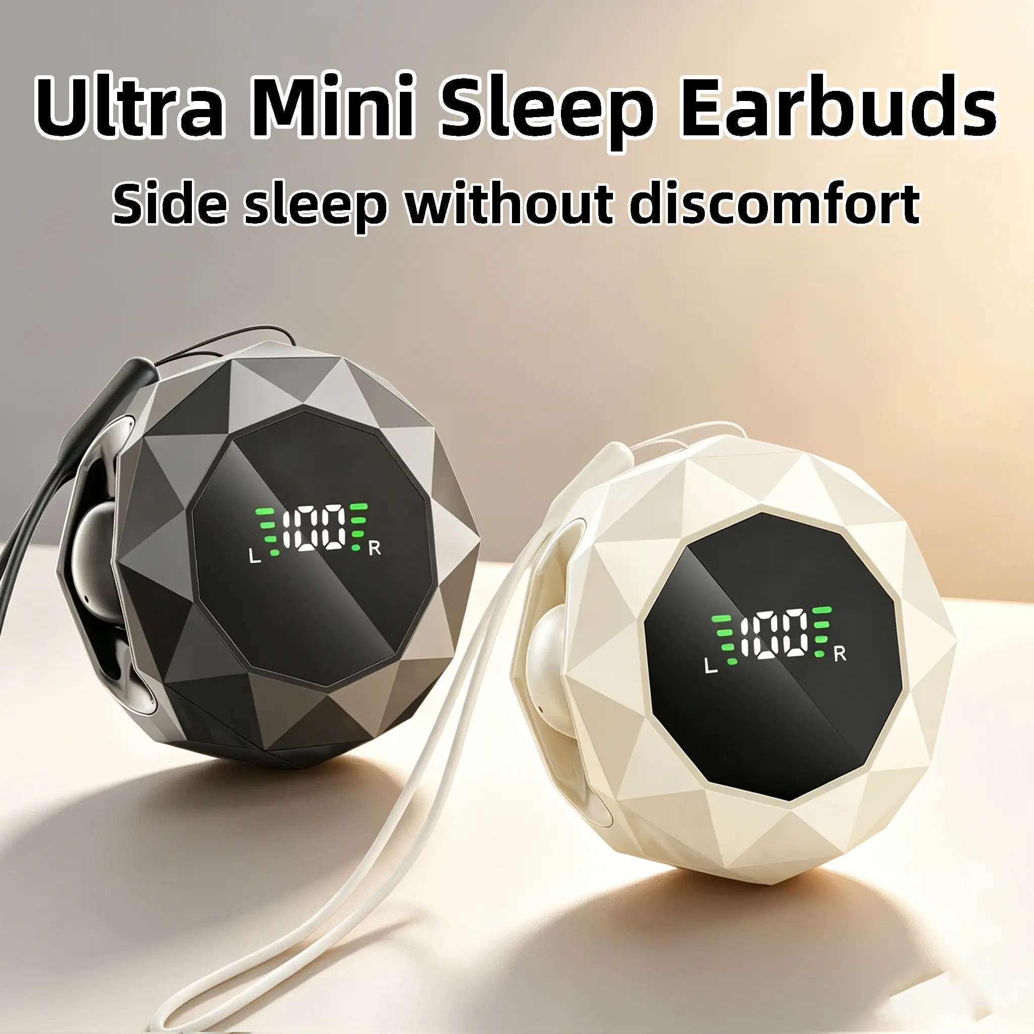 Ultra-Mini15 Plastic Water-Resistant Bluetooth Sleep Earbuds for Phone/Cell Use, Ergonomic Fit to Reduce Ear Burden, All-Night Side-Sleeping Comfort, Well-Balanced Transparent Sound, Digital Screen Charging Case, Ideal for Leisure Travel & Office Breaks