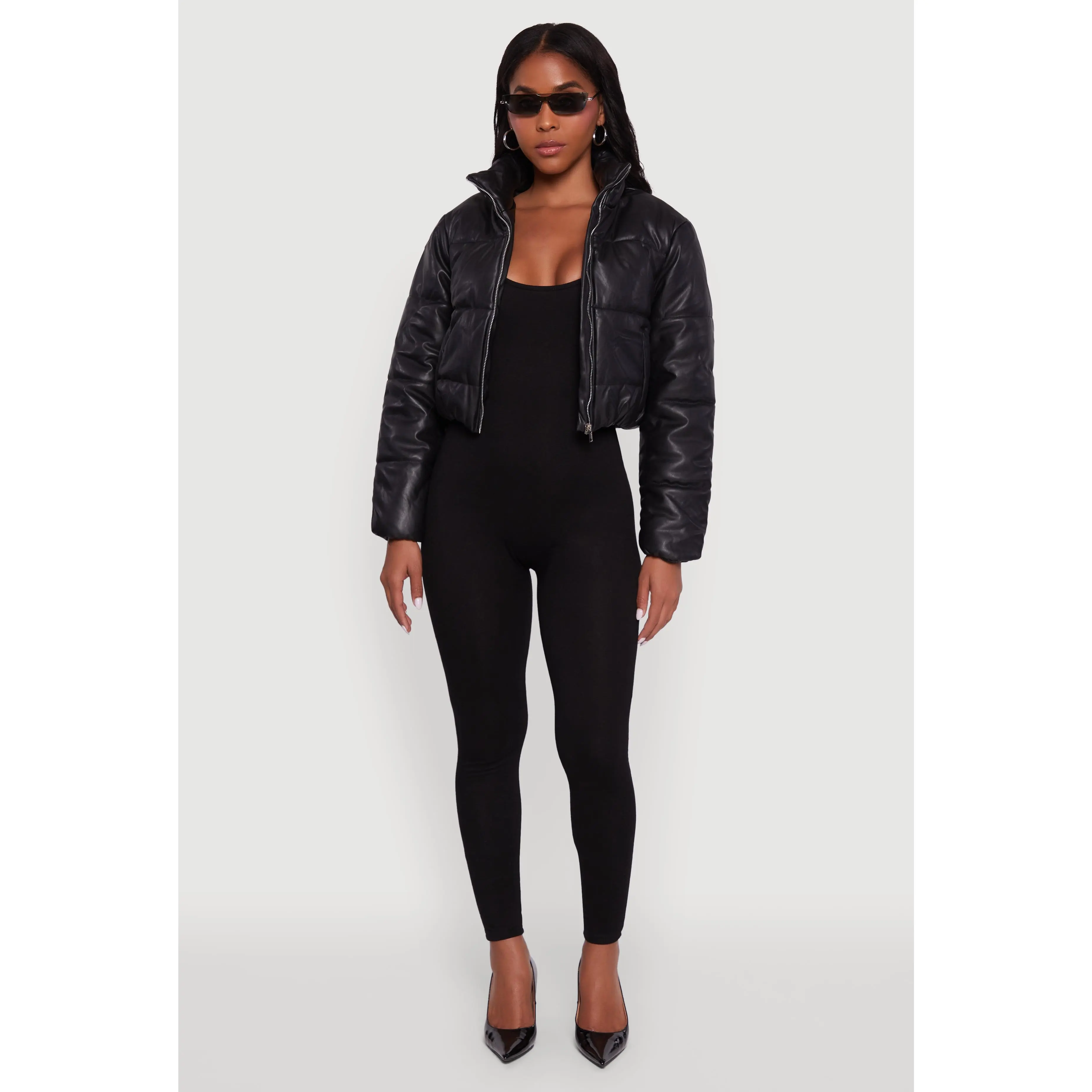 Cropped Faux Leather Puffer Jacket