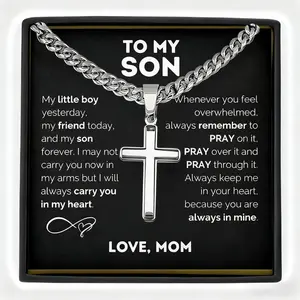 "To My Son" Stainless Steel Cross Pendant Necklace – Inspirational Christian Jewelry with Card &  Box – Perfect Birthday, Valentine’s Day & Christmas  unisex charm accessory men surprising exquisite small  Valentine's gift creative idea