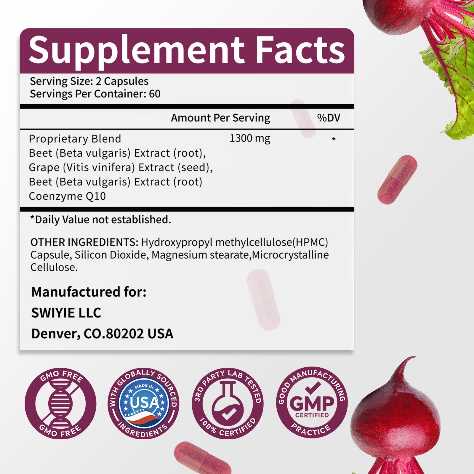 SWIYIE-Beet Root Capsules 120 pcs, Beetroot Supplement Support Heart Health Circulation, Blood Pressure, Beets with Grape Seed Extract, Non-GMO, Gluten-Free | 1300mg per Serving