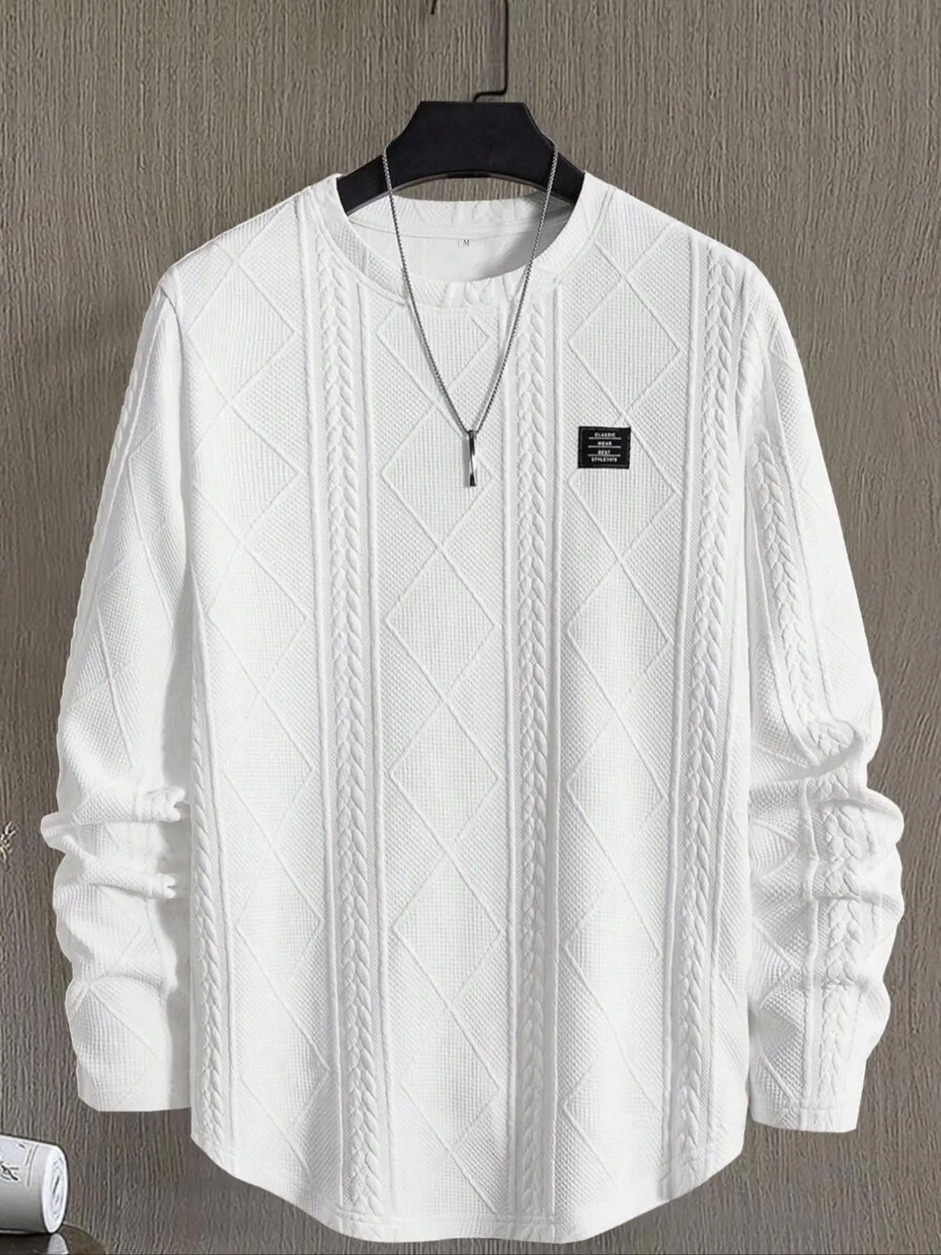 Men's Regular Fit Patchwork Details Textured Knit Tops, Casual Long Sleeve Round Neck Crewneck T-shirt for All Seasons, Men's Top for Daily Wear, Knitwear, Fitted