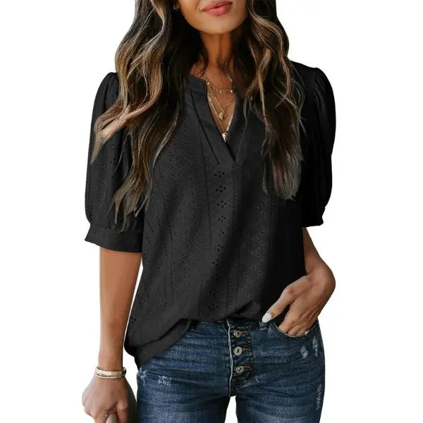 Dokotoo Women's Summer Business Casual Blouses V Neck Short Sleeve Shirts Hollow Out Cute Lace Tops Loose Fit Breathable Fabric