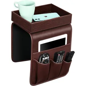 SofaRemoteControlHolderwithDetachableTray-[NonSlip]PULeatherChairCouchArmrestOrganizerCaddywith5PocketsforMagazinesPhoneiPadTVRemoteGameControllerEyeglasses(Brown)