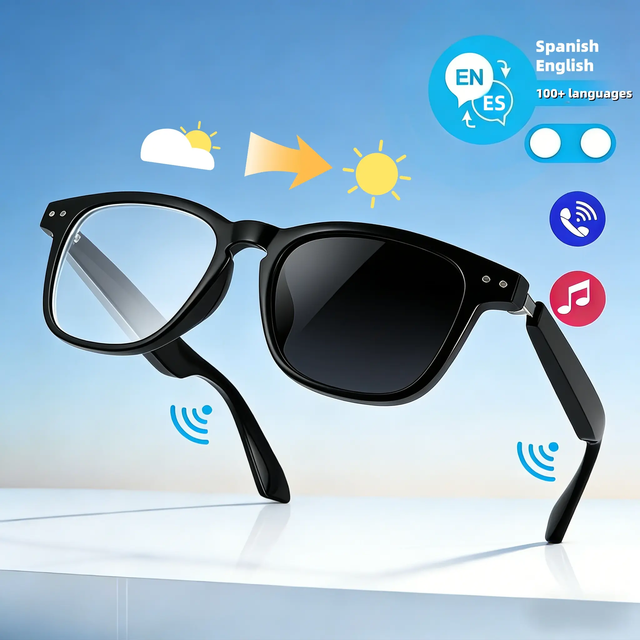 VUB Casual Oval Smart Glasses - Plastic Frame, Magnetic Auto-Adjusting Polarized Lenses, Blue Light Blocking, Built-In Bluetooth Speakers & Mics, Eye Care, Battery-Powered Fitness Music Player for Calls