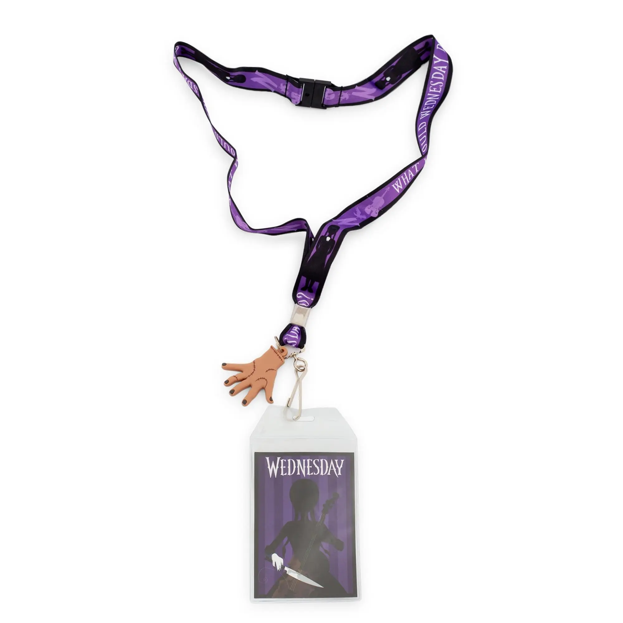 Addams Family Wednesday Lanyard with Silhouette Design, Fun ID Badge Holder, and Thing Charm - Officially Licensed Accessory for School or Office, Conventions, Trendsetting