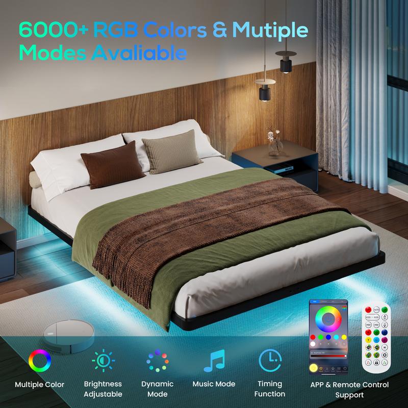 MUTICOR Floating LED Iron Bed Frame with Metal Slats【No Mattress】Headboard Outlets and Multi-Color Lighting, No Box Spring Needed, Twin/Full/Queen/King
