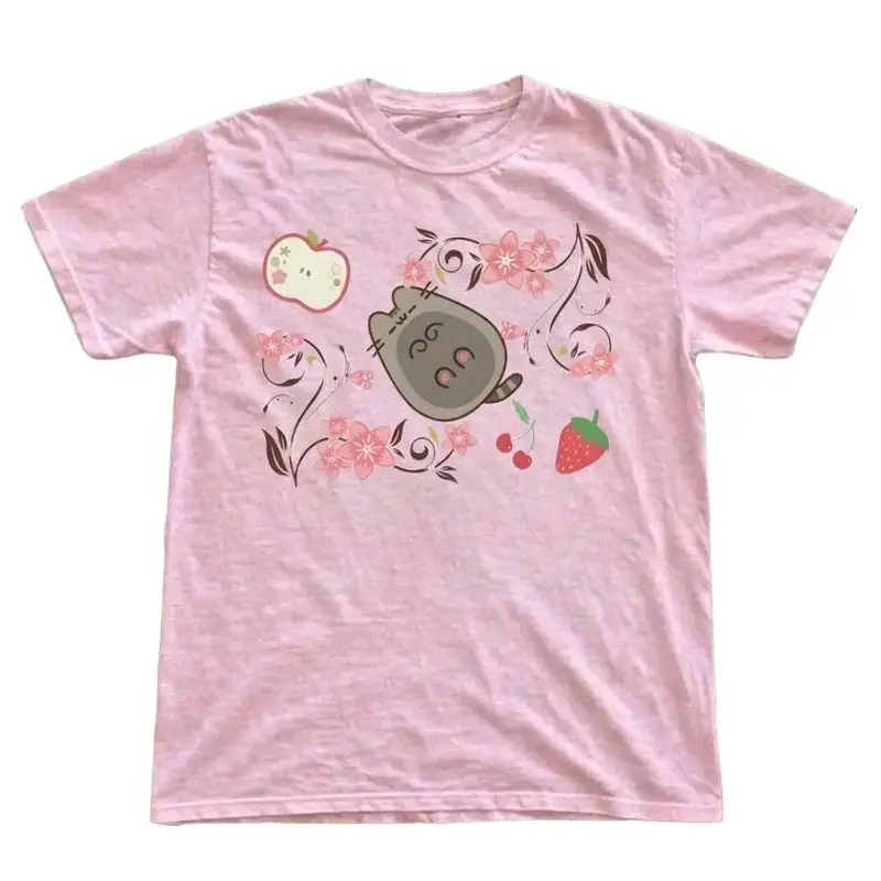 Vintage Pusheen Pink Cat T-Shirt, Cute Cherry Blossom Fruit Graphic Tee, Japanese Style Pastel Aesthetic Gift Shirt, Gildan Unisex Comfort Fit