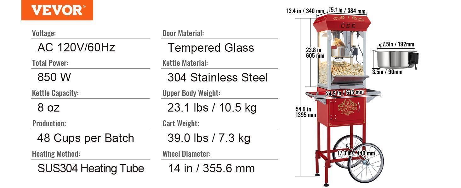 【Father's Day】VEVOR Commercial Popcorn Machine, 8 Oz Kettle, 850 W Countertop Popcorn Maker for 48 Cups per Batch, Theater Style Popper with 3-Switch Control Steel Frame Tempered Glass Doors 1 Scoop 2 Spoons, Red