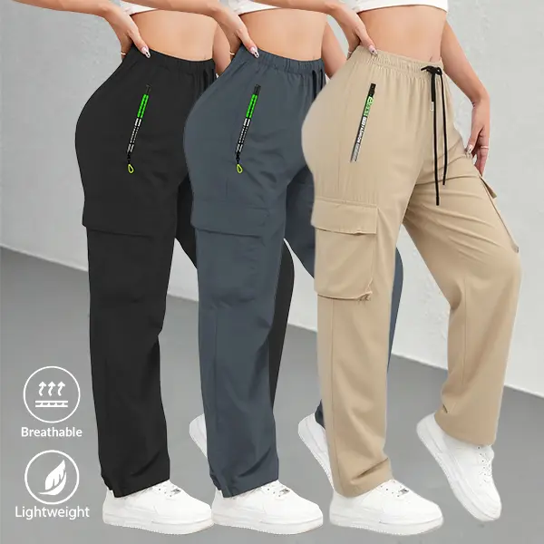 （3 pieces or 1 piece）Women’s lightweight summer sports pants with multiple pockets — adjustable drawstring waistband, non‑stretch fabric, machine‑washable; fitness pants made from a soft, smooth, skin‑friendly material suitable for indoor workouts and ou