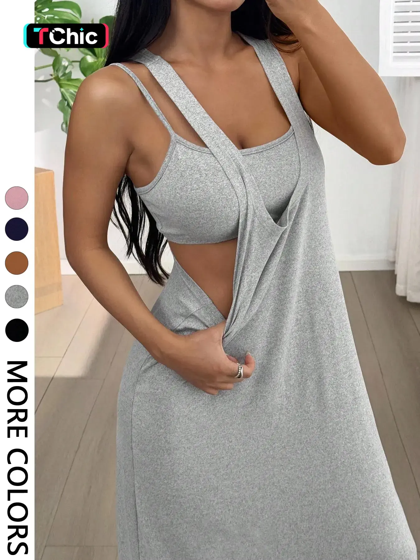 Women's Two Piece Matching Set, Spaghetti Strap Tank Top and Long Loose Dress, Cutout, Built‑in Camisole, Double Strap Design