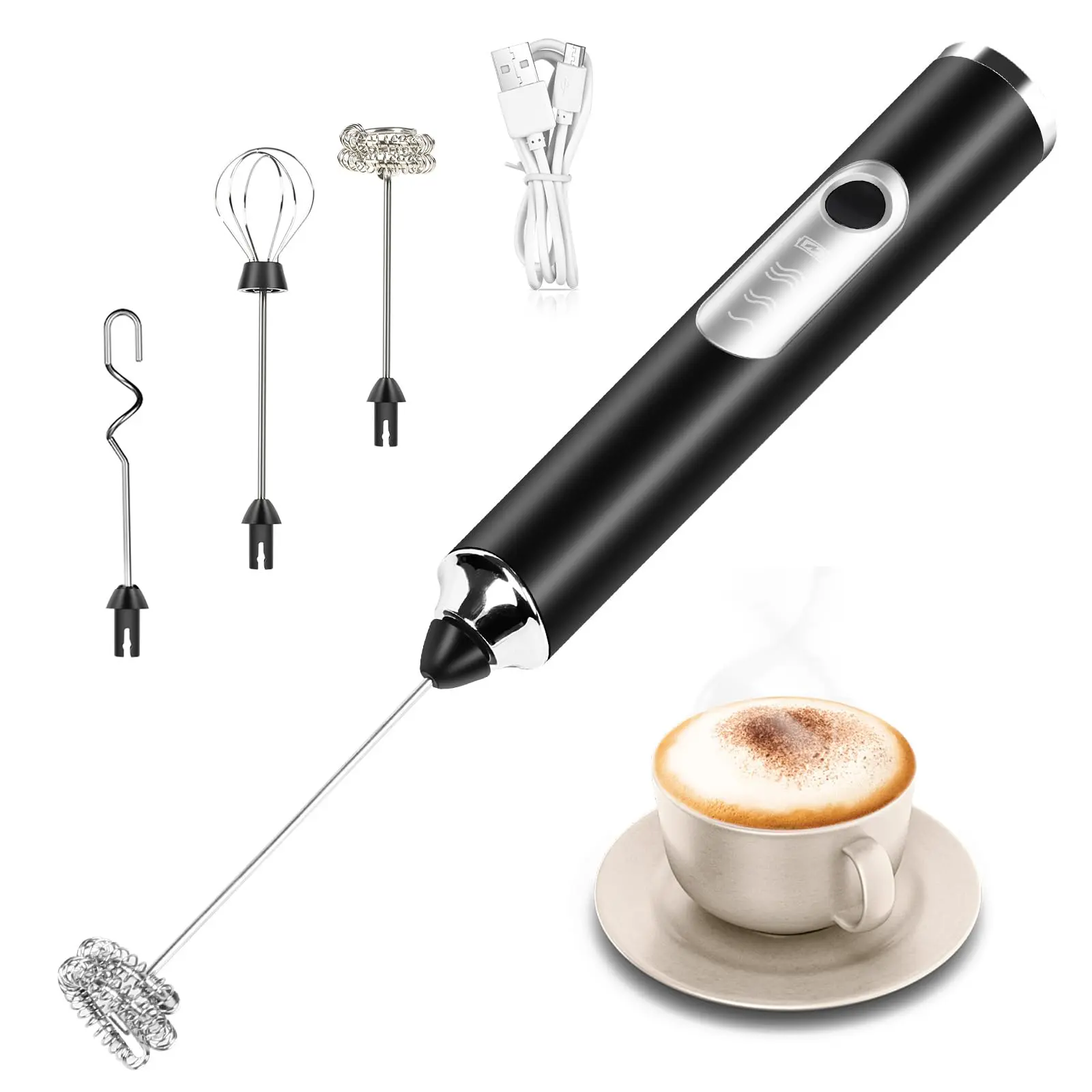 Handheld Coffee Frother - Rechargeable Automatic 3-Speed Electric Mixer, 1500mAh Built-In Battery with Level Light & Reminder, Cord-Free Compact Cylindrical Design, 3 Stainless Steel Whisks, ABS Handle, Black Kitchen Utensil for Cappuccino, Latte, Coffee