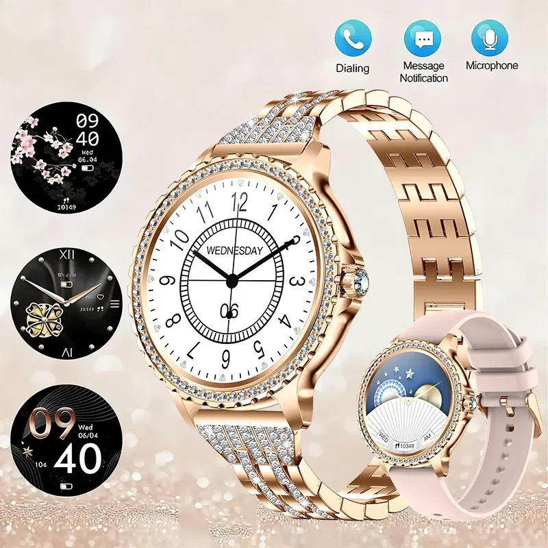IP68 Rose Gold Women’s Smart Watch with Diamond Dial & Diamond Strap, 1.32” HD Full Touchscreen, Bluetooth Call Answer or Reject, Sleep & Step Tracker, 100+ Sport Modes, AI Voice Assistant, USB Charging, Extra Strap