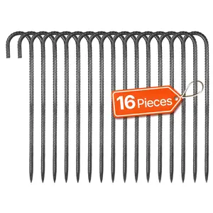 VEVOR Rebar Stakes,  16-Inch, Heavy-Duty 0.4 in Diameter J Hook, Galvanized Steel Ground Anchors with Chisel Point End & Rust-Resistant Coating, for Gardening Support, Fence, Camping Tents (16-Pack)