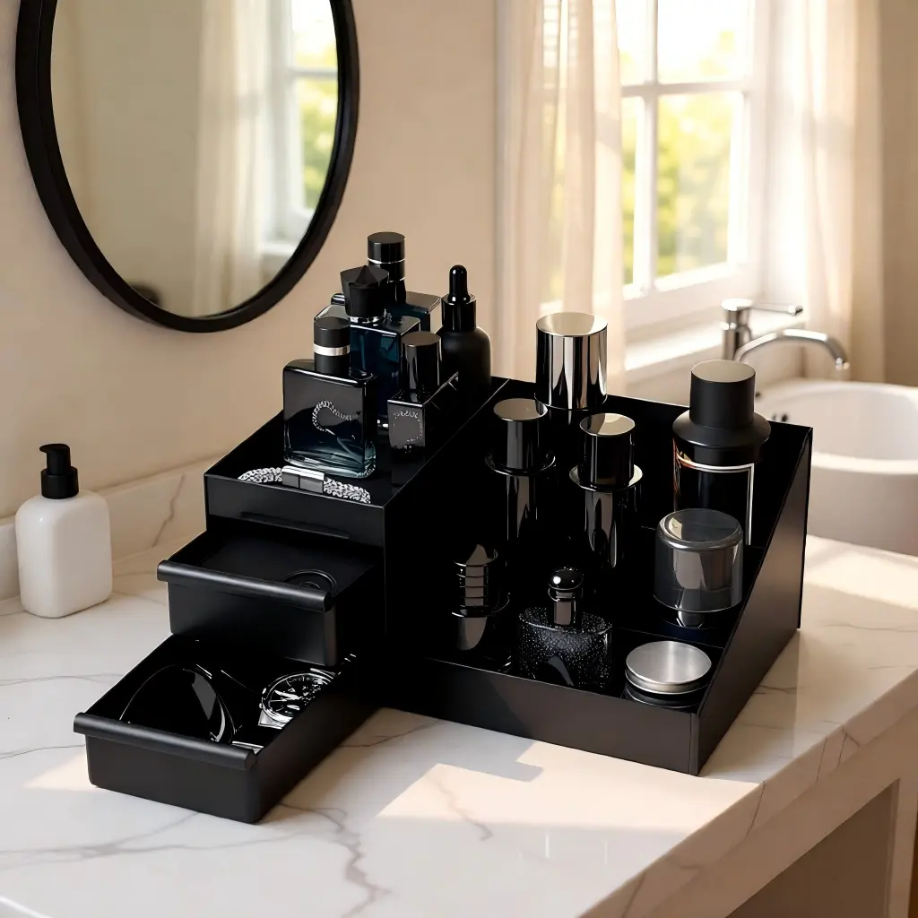 Black 3-Tier Makeup Cosmetic Organizer, Waterproof Desktop Storage for Vanity with 2 Drawers, Moisture-Proof Plastic Holder for Skincare, Cosmetic Trolley Box, Desktop Storage Organizer, Moisture Proof Storage