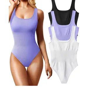 OQQ Bodysuits 3 Piece Sexy Ribbed Sleeveless Square Neck Tank Tops Leotard Trendy Outfits size L