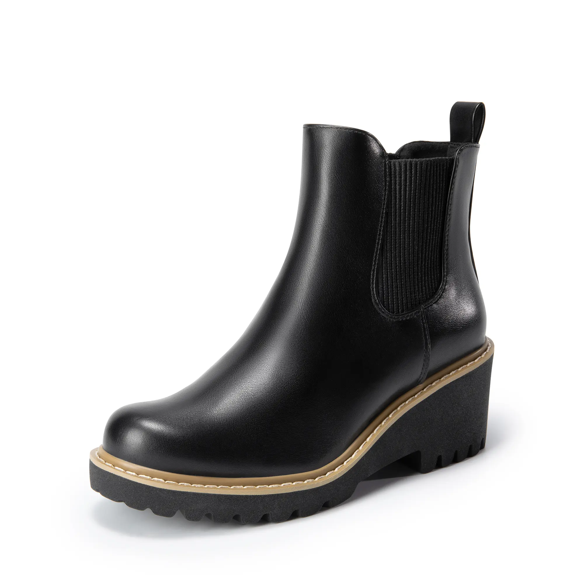 Dream Pairs Women's Chelsea Ankle Boots, Faux Leather Slip On Black Boot with 2.5" Platform Wedge, Comfortable Statement Walking Shoes, Comfortable Heels, Statement Shoes