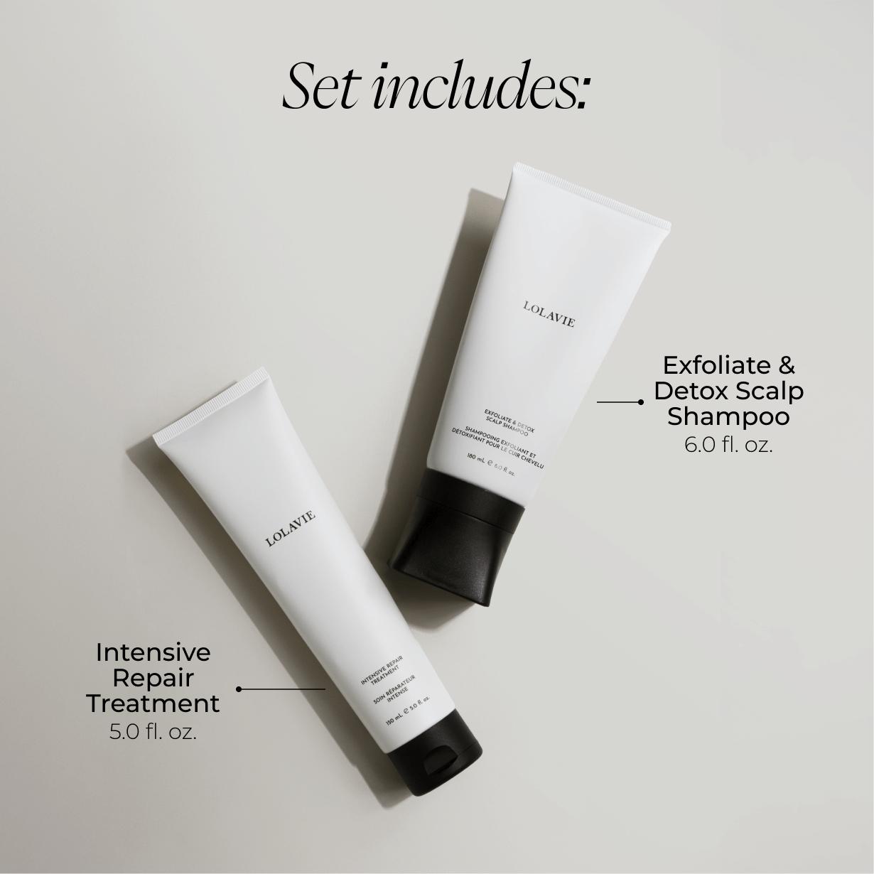 LOLAVIE Jen’s Sunday Reset Duo Haircare In-Shower Bundle - Sulfate-Free Charcoal Scalp Exfoliate & Detox Shampoo, Glycolic Natural Extracts Intensive Repair Conditioner