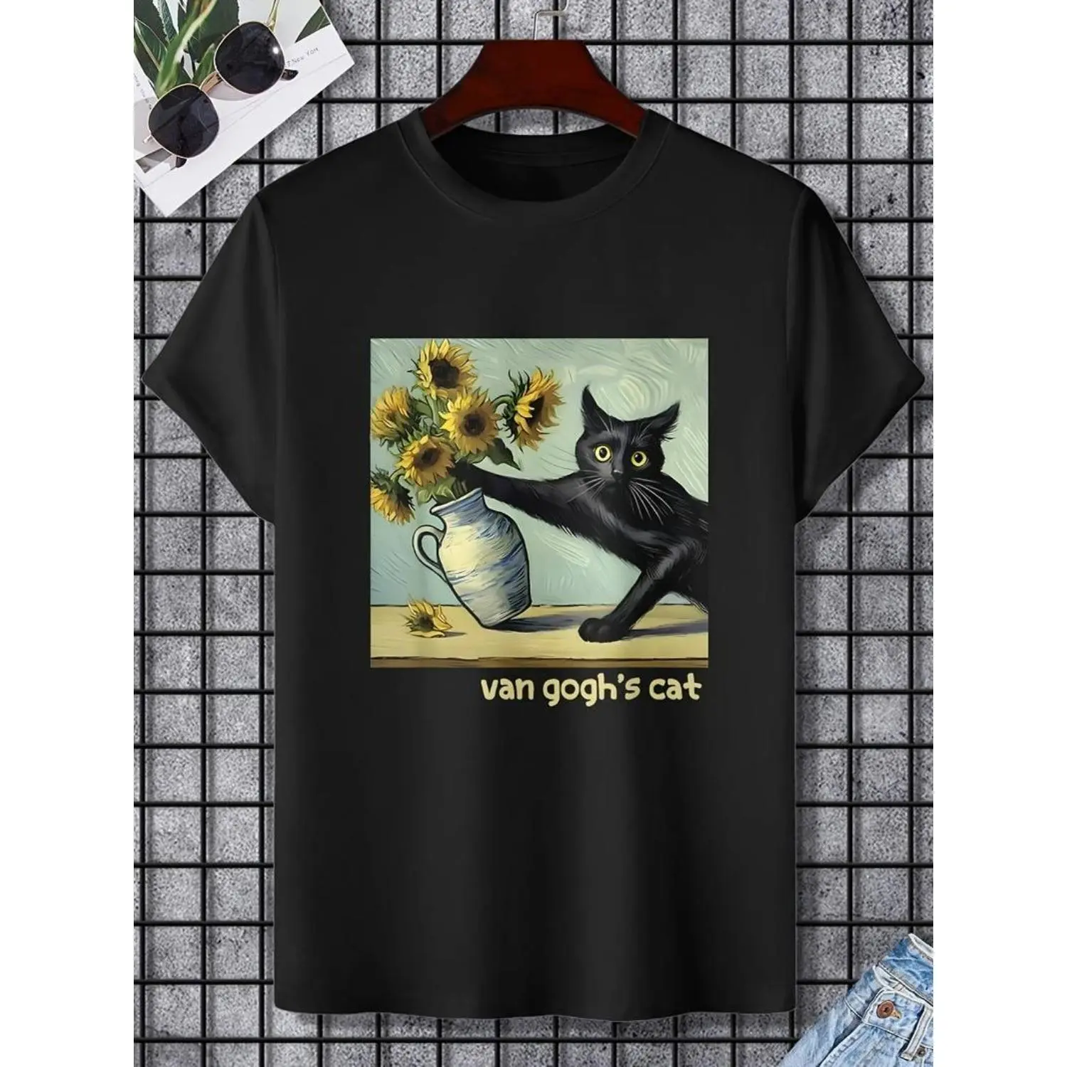 Summer t Shirts Van Gogh Black Cat With Sunflowers Funny Cat Painting Art T-Shirt Fashion Shirt 180g Heavyweight T-shirts for Men Women Mom Friends