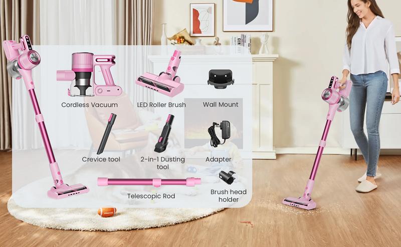 Cordless Vacuum Cleaner - IMOOY Pink/Black&White Vacuum for Home with 80000 RPM High, 8-in-1 Lightweight Stick Vacuum, Rechargeable Battery, Up to 40 Mins Runtime, for Carpet and Hard Floor Pet Hair
