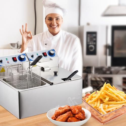 【GARVEE】Commercial 10L+10L - 1500 Watts Dual Tank Electric Deep Fryer Stainless Steel Countertop Oil Fryer with Basket for Restaurant/Home Use (110V)