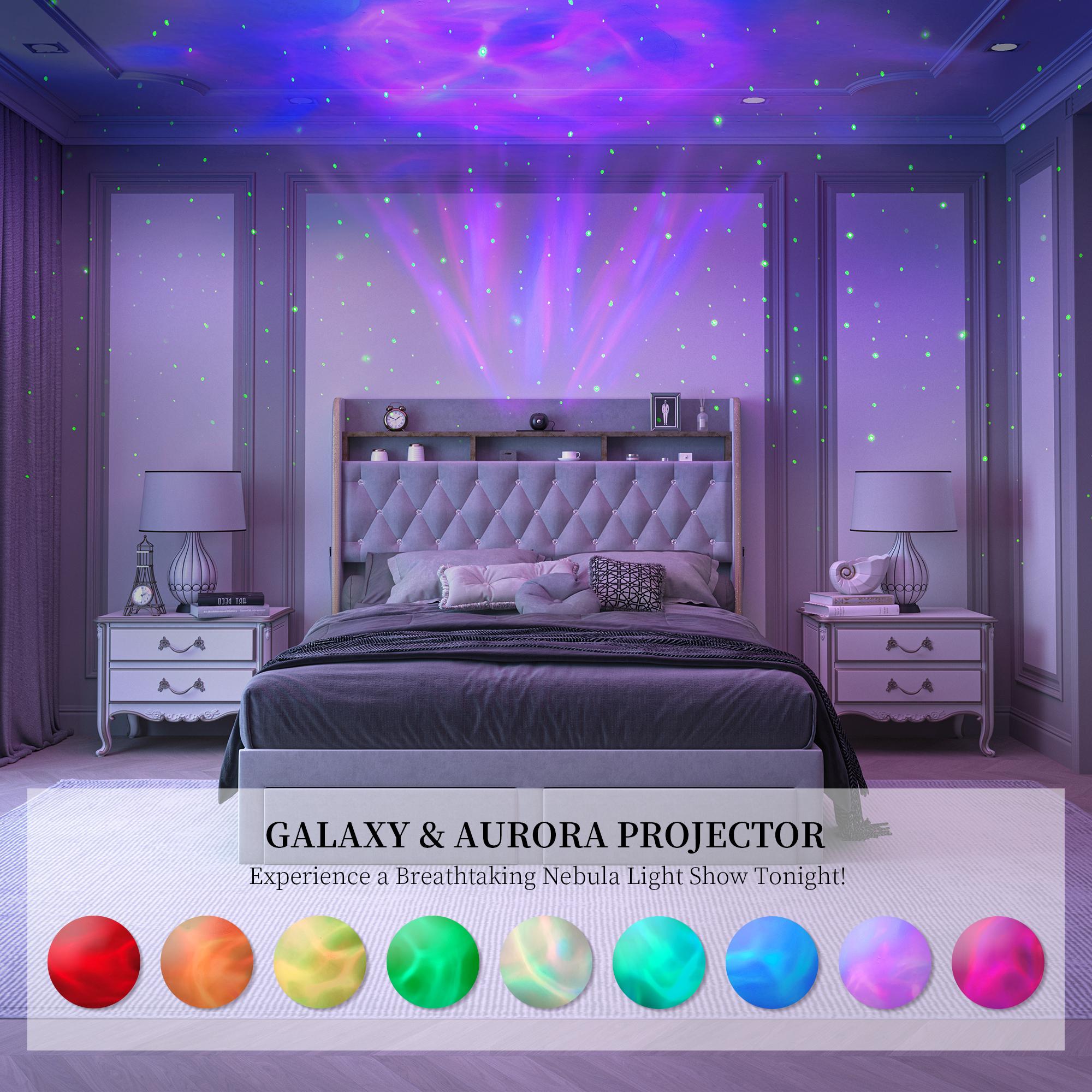 Queen LED Bed Frame with Storage Drawers, Full Size Upholstered Platform Beds with Galaxy Star Projector Charging Station Speaker, King Aurora Bedframe with 2-Tier Storage Headboard, Twin Bed, Noise-Free, PU Leather White Black, Velvet Gray Pink