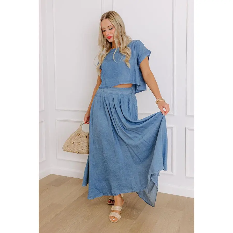 Farmers Market Stroll High Waist Chambray Midi Skirt