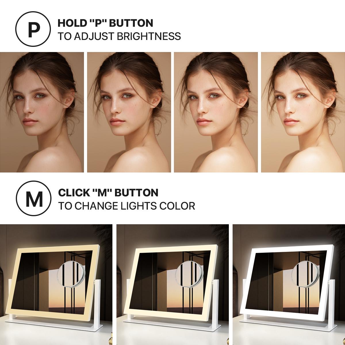 GALENTAL Vanity Mirror with Lights, LED Makeup Mirror with Dimmable 3 Color Modes, Touch Screen Control Vanity Based Mirror Desk Mirror Square White