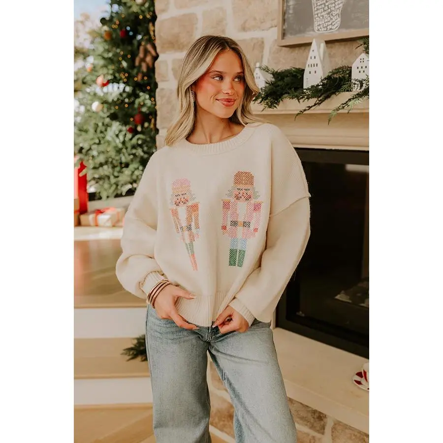 Nutcracker Nights Cross Stitch Embroidered Knit Sweater